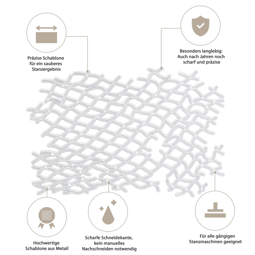 Ein Diagramm, das das einzigartige Design einer Stanzschablone zeigt: Fischernetz von Stanzenshop.de.