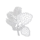 Die Stanzschablone: Zapfenzweig von Stanzenshop.de ist eine Metallic-Stanzform, die einen Tannenzweig mit Nadeln und zwei Tannenzapfen zeigt - ideal für Bastelprojekte oder Scrapbooking, dargestellt auf einem schlichten weißen Hintergrund.