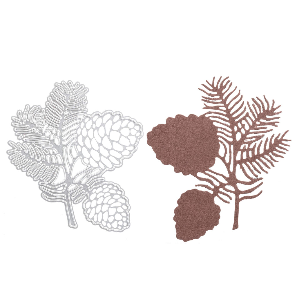 Ein Paar Tannenzapfen und Blätter auf weißem Hintergrund, mit dem Stichwort „Zapfenzweig“ – Stanzschablone: Zapfenzweig von Stanzenshop.de.