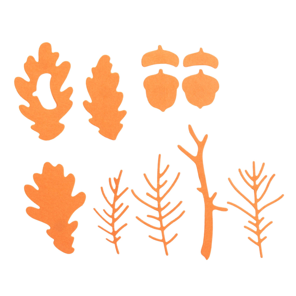 Ein Set aus orangefarbenen Blättern und Zweigen auf weißem Hintergrund – ideal für Stanzenshop.de-Enthusiasten, die als Bastelfan ihrer Kreativität freien Lauf lassen möchten.