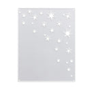 Die Stanzschablone: Platte mit Sternen von Stanzenshop.de ist eine rechteckige silberne Metallstanze mit verschiedenen Stern- und Punktausschnitten in einem geschwungenen Muster oben rechts - ideal für Bastelprojekte oder Scrapbooking.