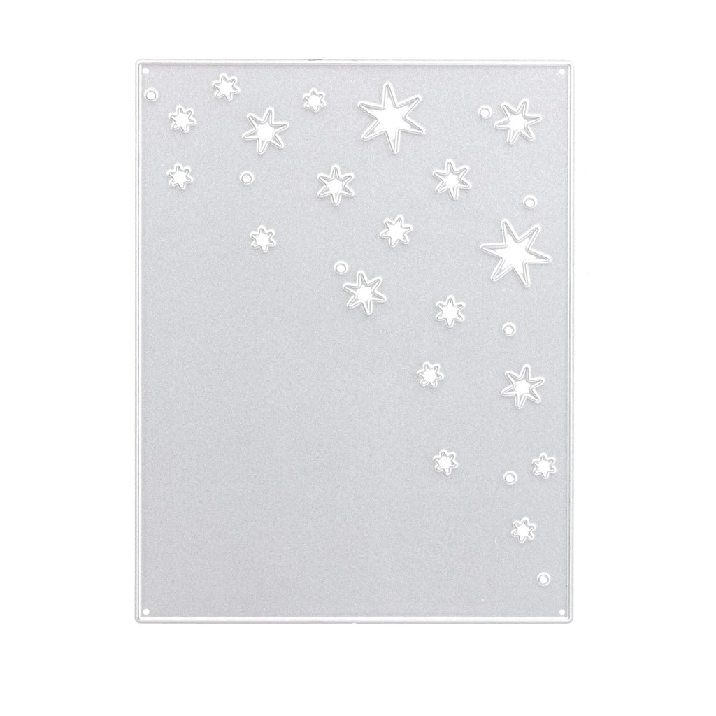 Eine weiße Stanzschablone: Platte mit Sternen, verziert mit weißen Sternen, ein Beweis für die Kreativität von Stanzenshop.de.