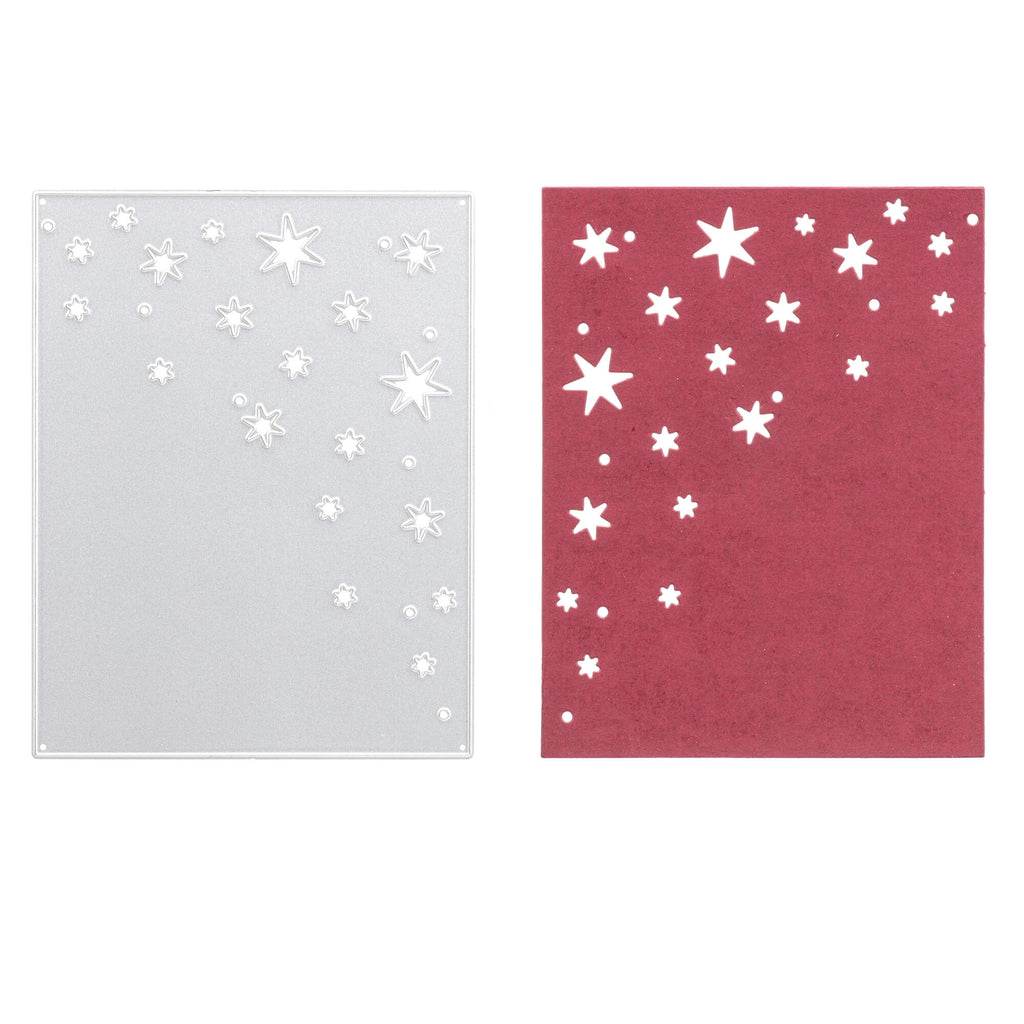 Zwei Karten mit weißen Sternen darauf, mithilfe der Stanzschablone: Platte mit Sternen-Technik, die Kreativität zur Schau stellen. (Markenname: Stanzenshop.de)