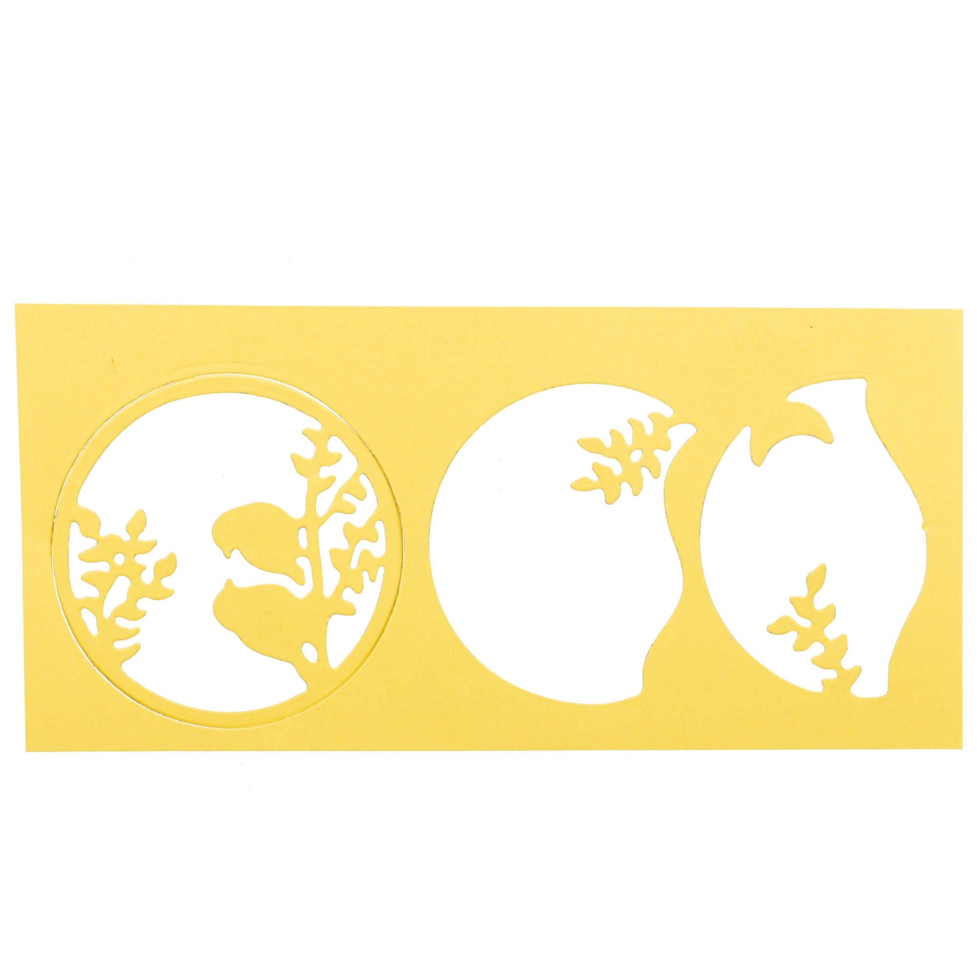 Die Stanzschablone: 3D Vogel im Kreis von Stanzenshop.de ist eine gelbe rechteckige Schablone mit kreisförmigen und vasenförmigen Ausschnitten, Fisch- und Pflanzenmotiven - ideal für Vogelmotiv basteln und kreative Projekte als Stanzschablone Kreis.