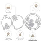 Drei Stanzschablonen von Stanzenshop.de, darunter die "Stanzschablone: 3D Vogel im Kreis" mit Meeresmotiven, werden mit Piktogrammen und deutschen Texten gezeigt, die ihre Präzision, Haltbarkeit, Qualität und Maschinentauglichkeit hervorheben.