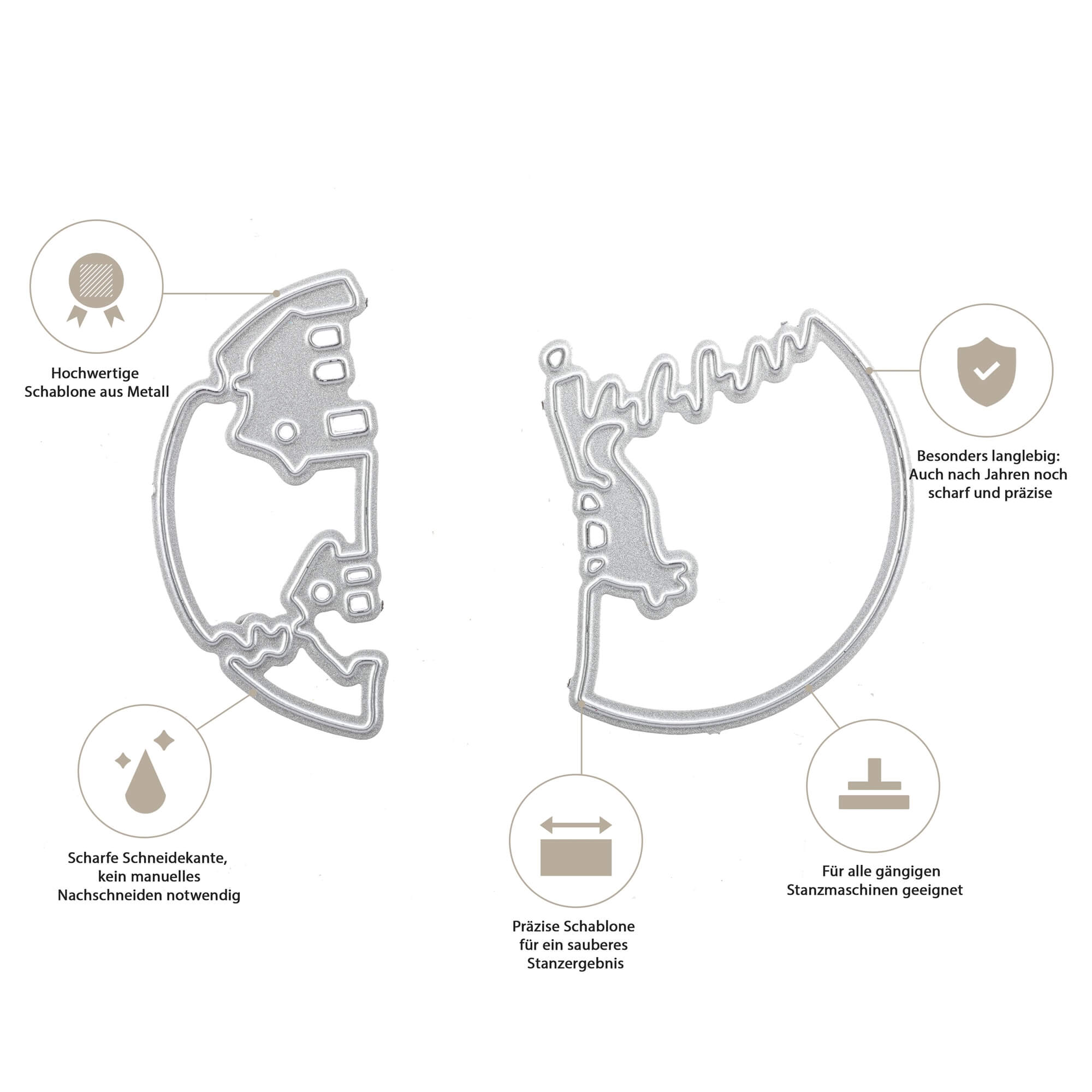 Zwei metallische Stanzschablonen "Stanzschablone: 3D Schneekugel mit Haus und Fuchs" von Stanzenshop.de werden mit vier deutschen Beschreibungen für Qualität, Schärfe, Präzision und Kompatibilität gezeigt - ideal für 3D-Schneekugelprojekte.