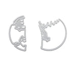 Zwei silberne Metallstanzteile aus der Stanzschablone: 3D Schneekugel mit Haus und Fuchs von Stanzenshop.de, geformt wie aufgesprungene Eierschalenhälften - ideal für einzigartige Bastelprojekte - sind auf weißem Hintergrund zu sehen.