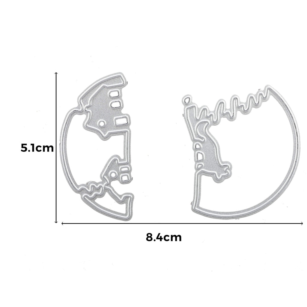 Ein Diagramm, das die Maße von zwei Metallformen mit der Stanzschablone von Stanzenschop.de zeigt: 3D Schneekugel mit Haus und Fuchs.