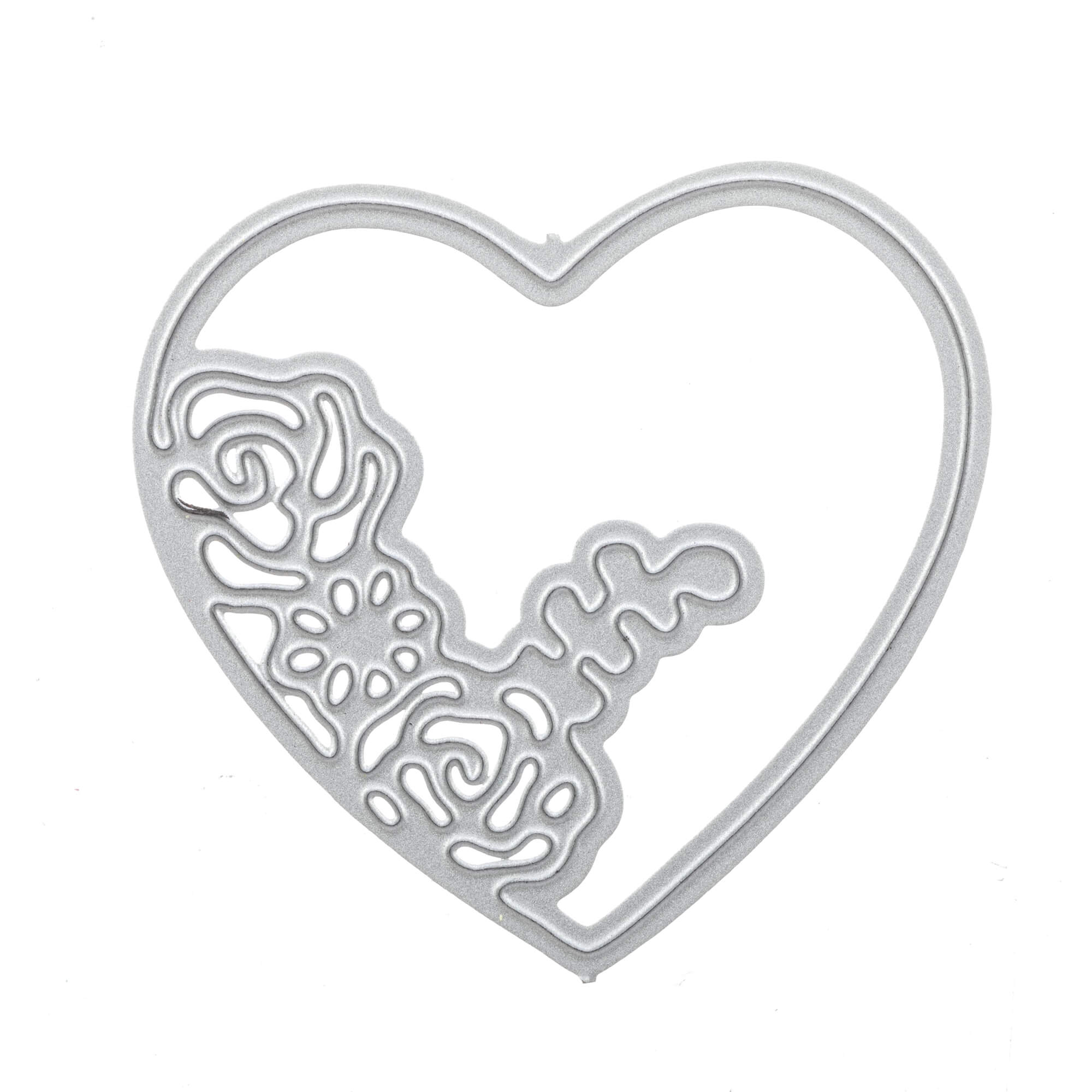 Verleihen Sie Ihren Bastelprojekten oder handgemachten Karten eine einzigartige Note mit der Stanzenshop.de Stanzschablone: 3D Herz - eine silbermetallische Herzkontur mit einem floralen Design auf der linken unteren Seite.