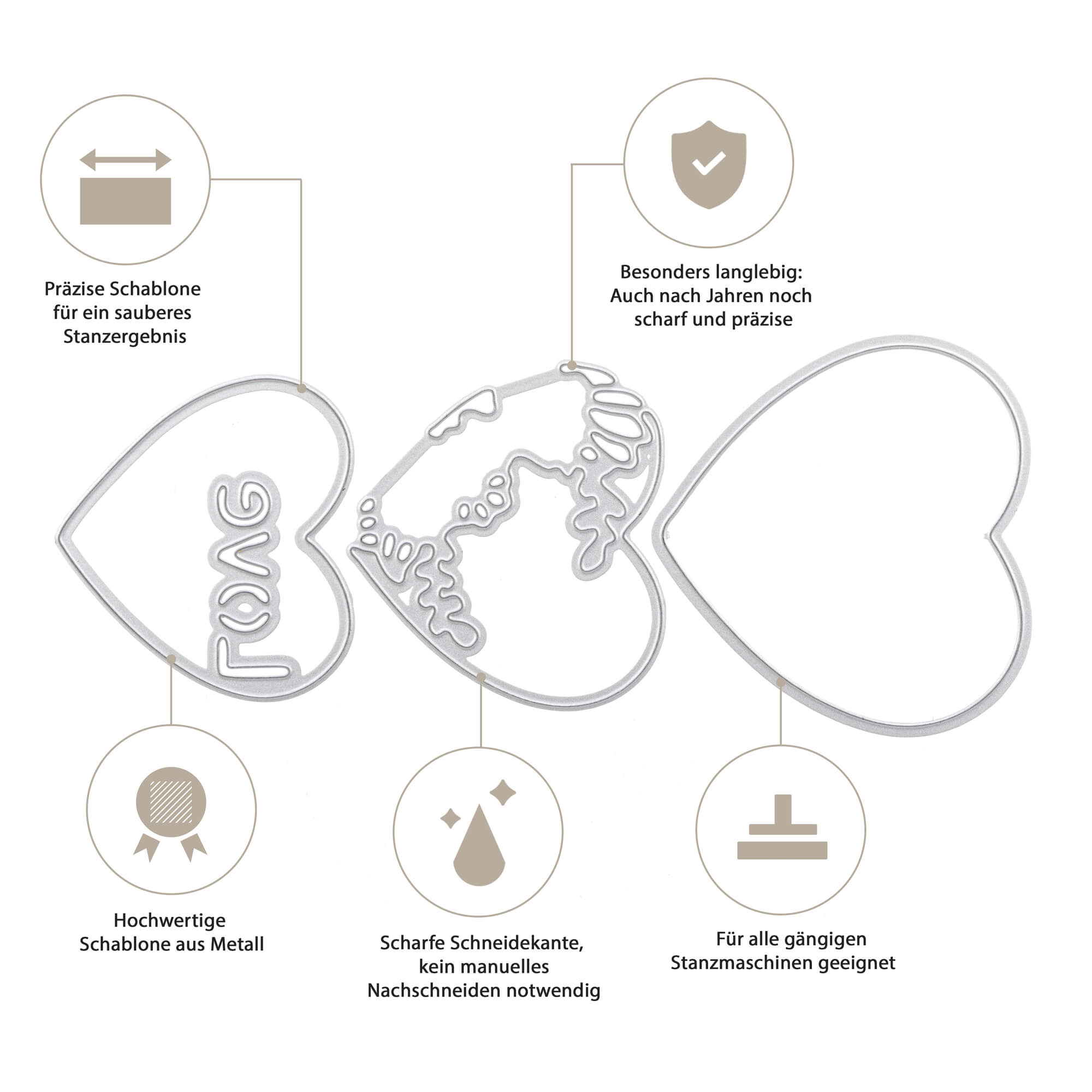 Drei Metallstanzen, Stanzschablone: 3D Herz von Stanzenshop.de, zeichnen sich durch präzise Schnitte und breite Kompatibilität aus - ideal für Bastelprojekte und handgemachte Karten mit allen gängigen Stanzmaschinen.