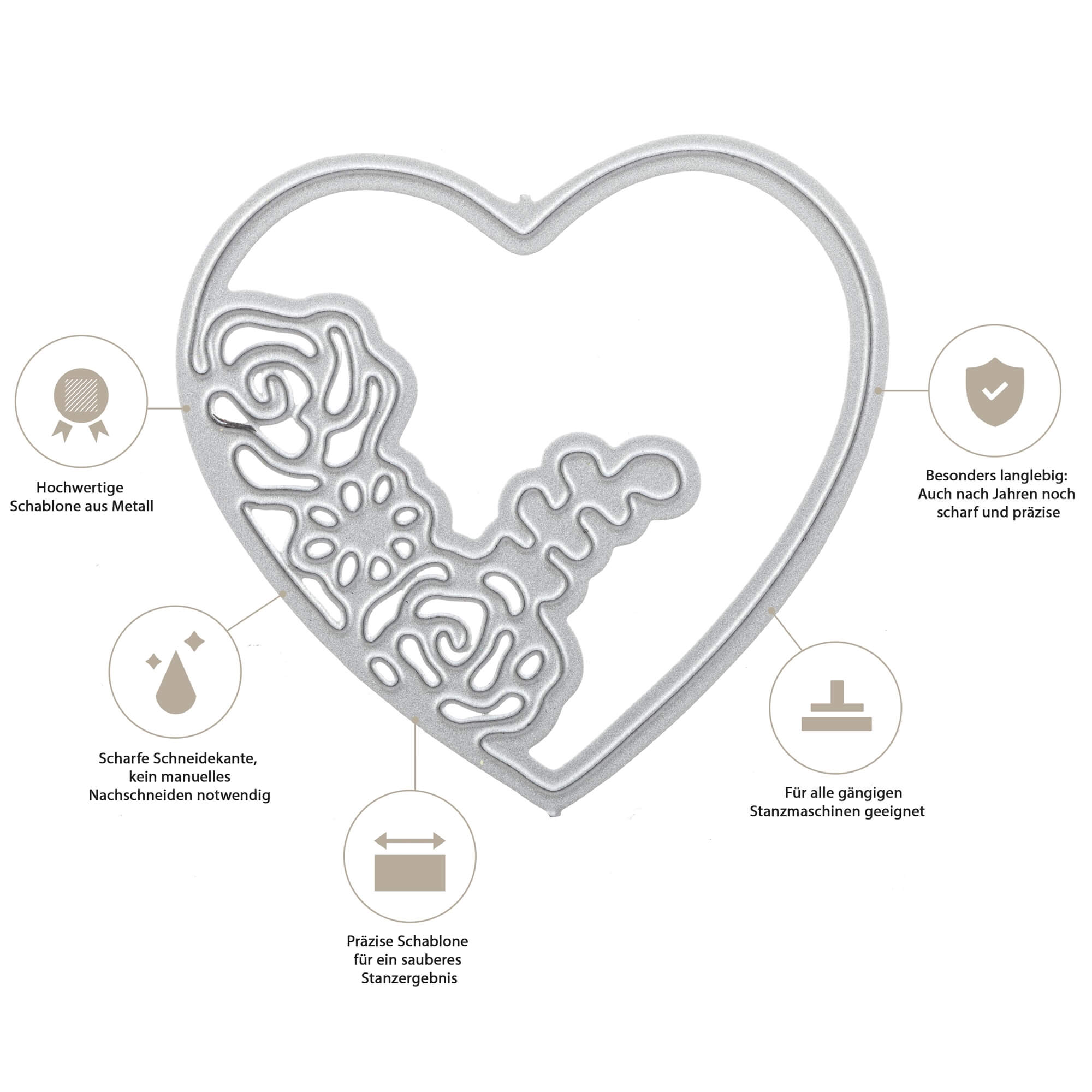 Die Stanzschablone: 3D Herz von Stanzenshop.de ist eine herzförmige Metallschablone mit einem floralen Design, ideal für handgemachte Karten und Bastelprojekte; sie bietet präzise, scharfe Kanten und vielseitige Anwendung.