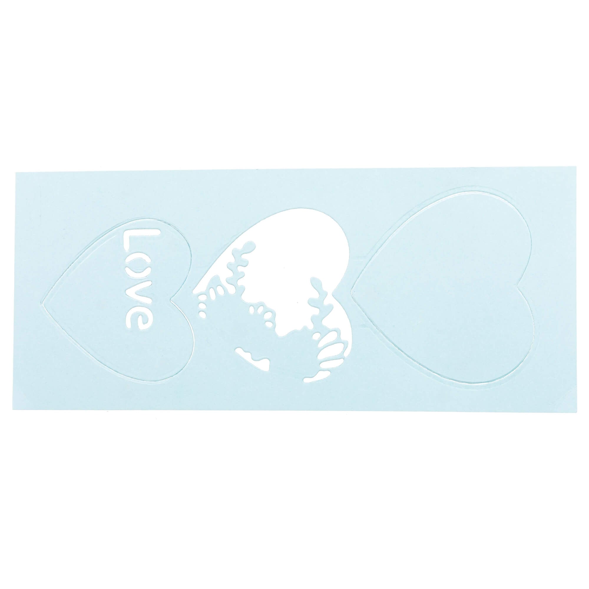 Die Stanzenshop.de Stanzschablone: 3D Herz bietet drei Herzformen, darunter eine "Love"-Option und ein korallenähnliches Design - ideal für Bastelprojekte oder handgefertigte Karten, dargestellt auf einem hellblauen Hintergrund.