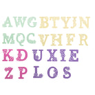 Stanzschablone: Blumenalphabet von Stanzenshop.de - dekorative Buchstaben in Pastellfarben, inspiriert vom Blumenalphabet, in vier Reihen auf Weiß angeordnet - ideal für personalisierte Botschaften.