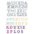 Bunte, dekorative Großbuchstaben in Blumen-Optik aus der "Stanzschablone: Blumenalphabet" von Stanzenshop.de, in Metallicgrau, Grün, Gelb, Pink und Lila - ideal für personalisierte Botschaften.