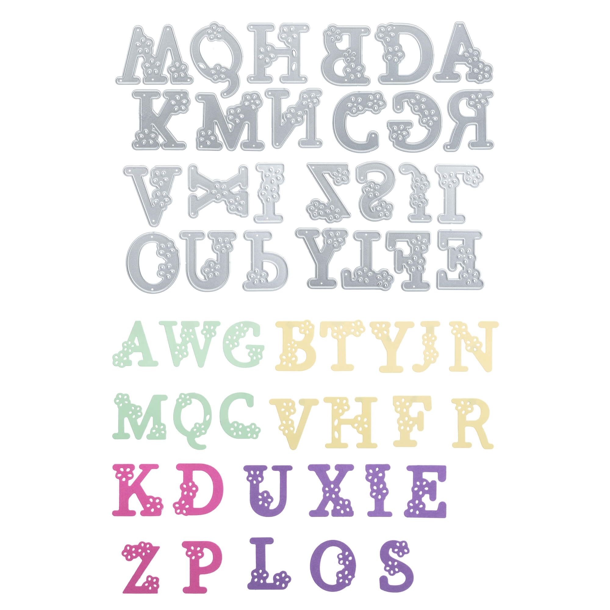 Bunte, dekorative Großbuchstaben in Blumen-Optik aus der "Stanzschablone: Blumenalphabet" von Stanzenshop.de, in Metallicgrau, Grün, Gelb, Pink und Lila - ideal für personalisierte Botschaften.