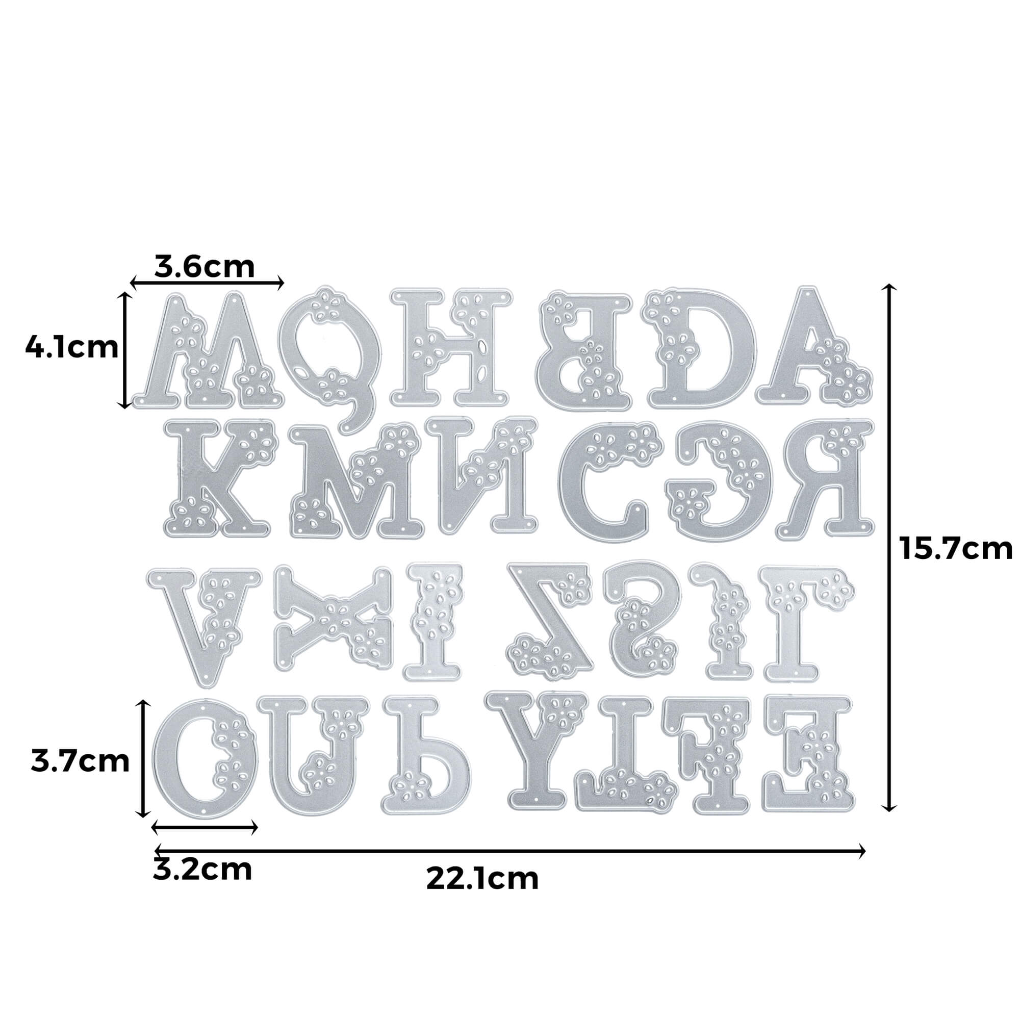 Die Stanzschablone von Stanzenshop.de: Blumenalphabet Metall-Buchstaben- und Zahlenschablonen, hier spiegelverkehrt in zwei Reihen (22,1cm x 15,7cm, individuelle Schablonenhöhe angegeben), sind perfekt für personalisierte Botschaften.