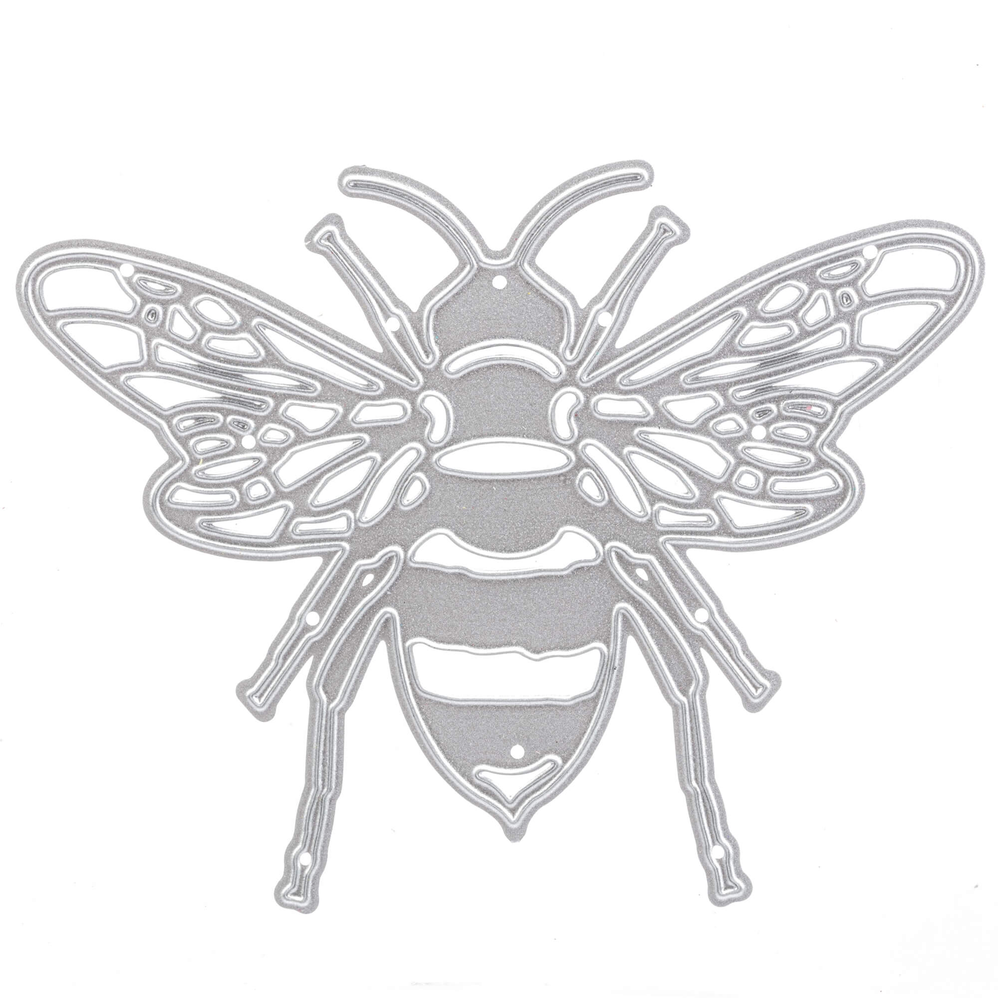 Die Stanzschablone: Biene von Stanzenshop.de ist eine metallisch gestanzte Bienen-Silhouette mit detaillierten Flügeln und Körper, ideal für Bastelarbeiten oder Scrapbooking, dargestellt von oben auf einem weißen Hintergrund.