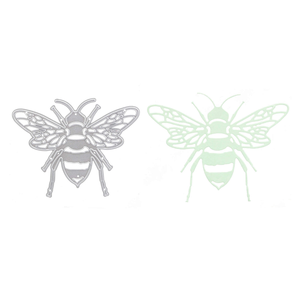 Detaillierte Bienenillustration neben ihrer vereinfachten Silhouette, ideal für Stanzschablonen: Biene und Bastelarbeiten von Stanzenshop.de.