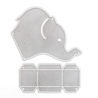 Die Stanzenshop.de Stanzschablone: Elefantenschachtel enthält zwei silberne Metallstanzen - einen Elefantenkopf mit Rüssel und eine rechteckige Schachtelschablone mit Faltlinien - ideal zum Basteln von einzigartigen Geschenkverpackungen.