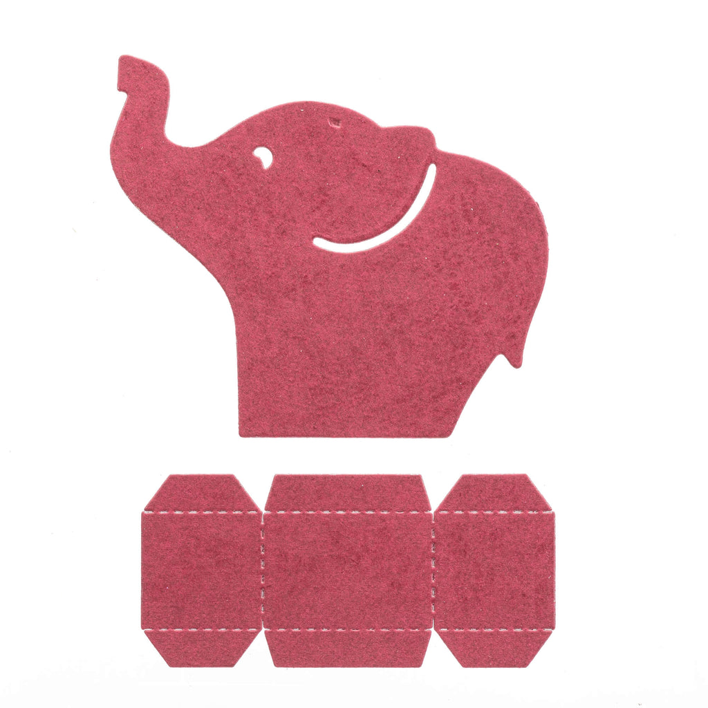 Eine rote Stanzschablone: Elefantenschachtel ausgeschnitten auf weißem Hintergrund, perfekt für Geschenkverpackungen, erhältlich bei Stanzenshop.de.