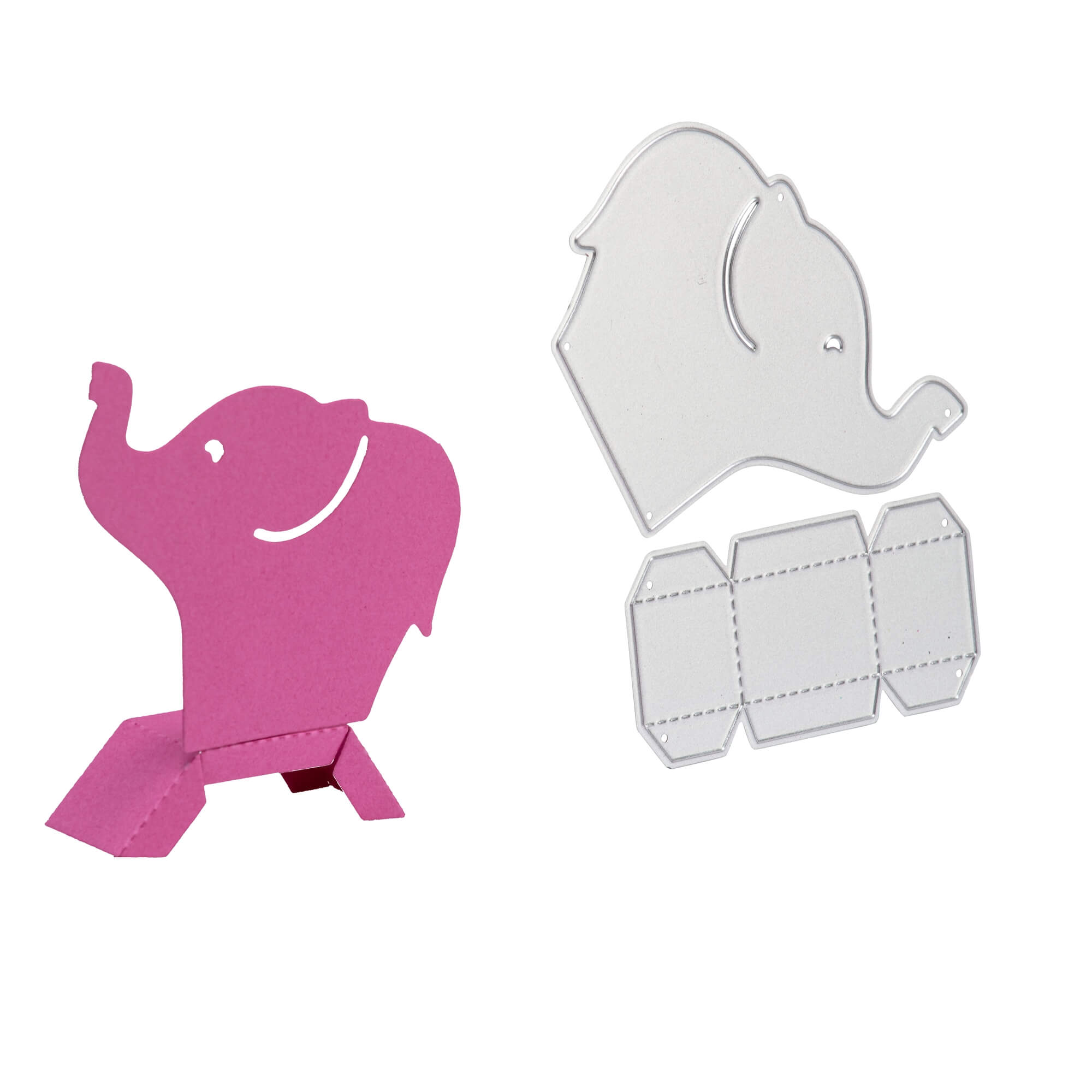 Eine rosa Papier Elefantenschachtel steht neben einer Metall Stanzschablone: Elefantenschachtel von Stanzenshop.de und eine flache Papierschablone - ideal als charmante Geschenkverpackung.