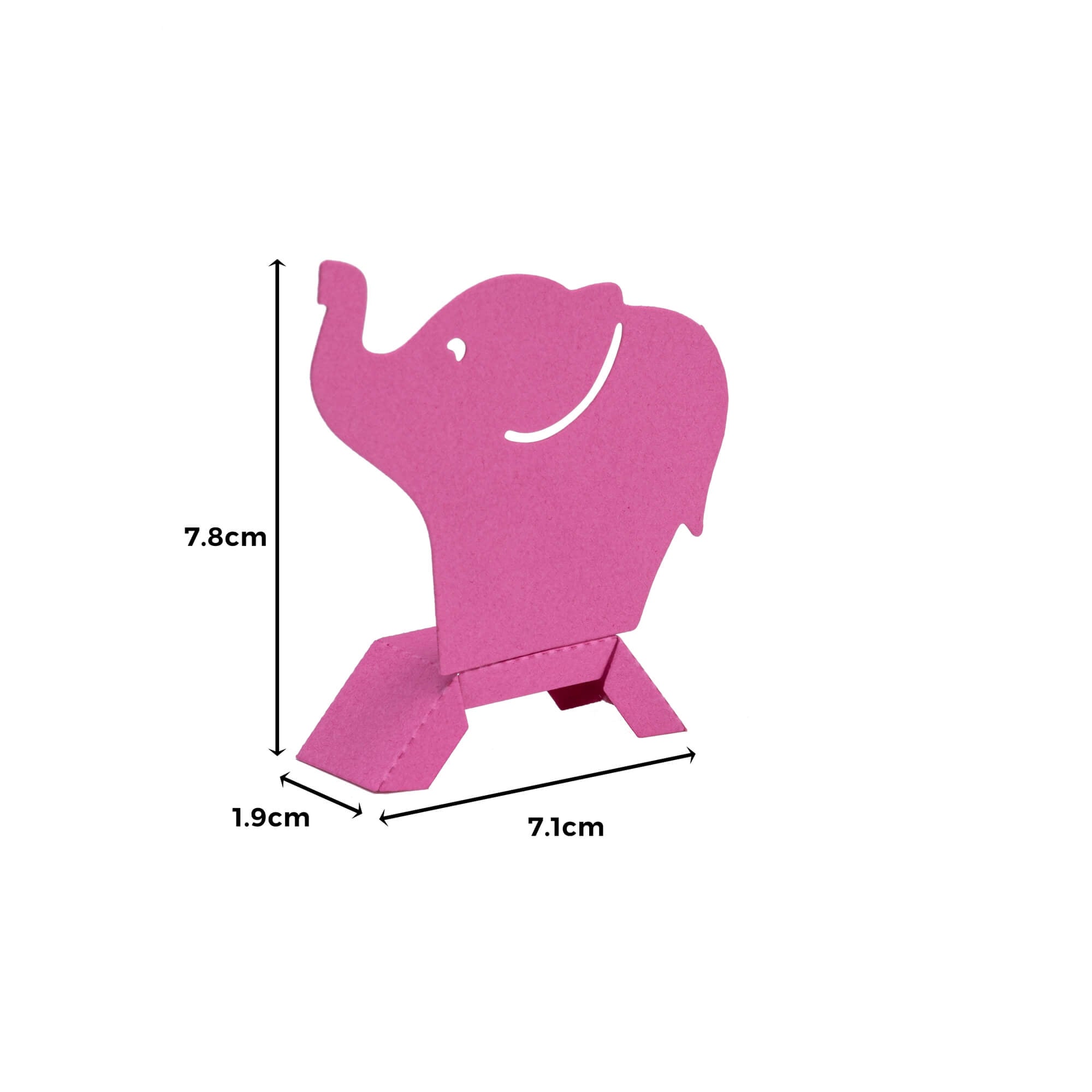 Die Stanzenshop.de Stanzschablone: Elefantenschachtel ist ein rosafarbener, elefantenförmiger Ständer (7,8x7,1x1,9 cm), ideal als Geschenkverpackung und hier auf weißem Hintergrund abgebildet.