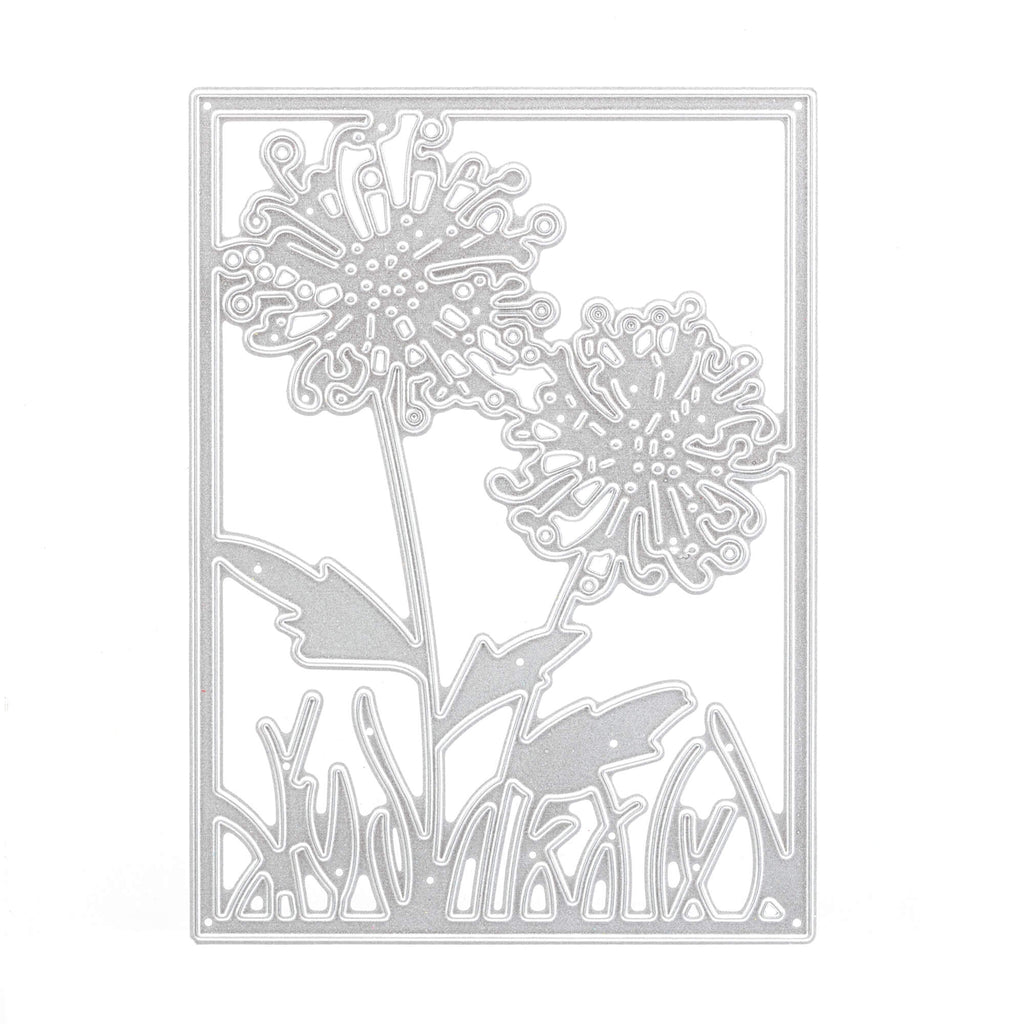 Eine weiße Karte mit zwei Blumen darauf und einer Stanzschablone: Pusteblume im Rahmen von Stanzenshop.de.