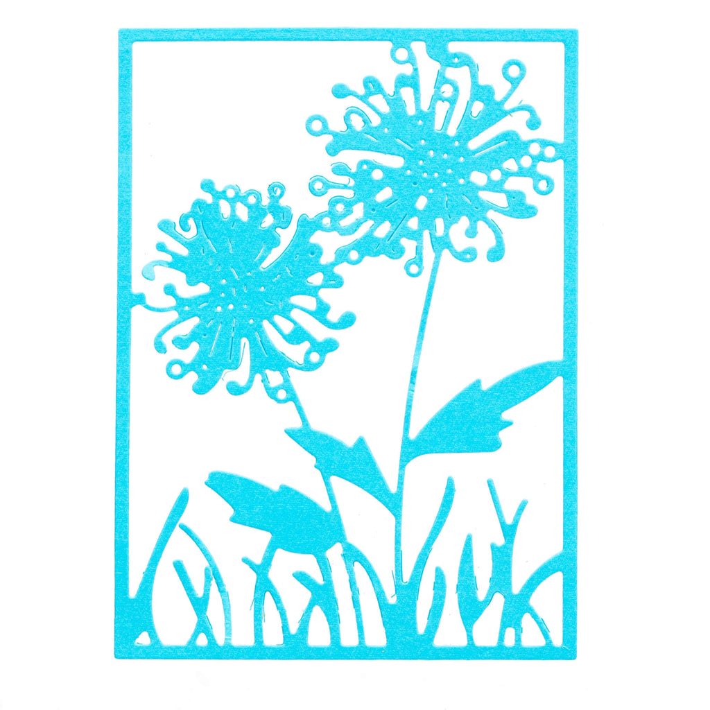 Eine blaue Blume ausgeschnitten auf weißem Hintergrund für Bastelprojekte mit der Stanzschablone: Pusteblume im Rahmen von Stanzenshop.de.