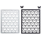 Zwei rechteckige Metallstanzen mit Schmetterlingsmuster aus der "Stanzschablone" von Stanzenshop.de: Kleine Schmetterlinge" sind nebeneinander abgebildet, eine silberne und eine schwarze, mit zwei kleinen Schmetterlingsausschnitten darüber - ideal für Bastelprojekte oder Scrapbooking.