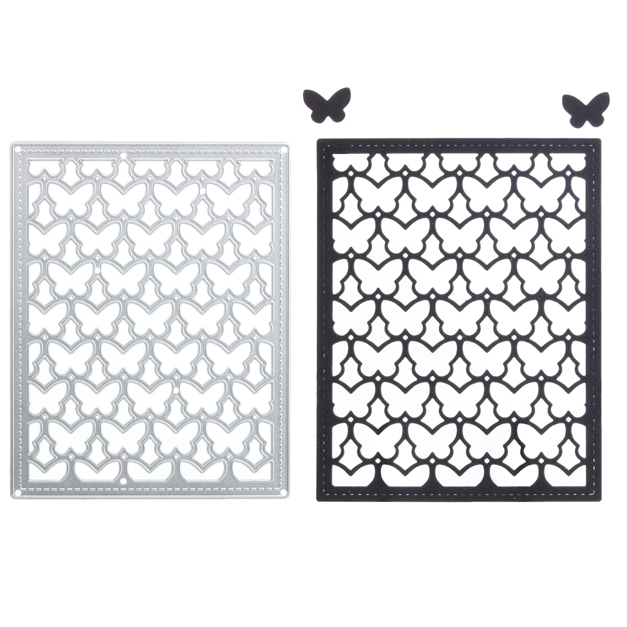 Zwei rechteckige Metallstanzen mit Schmetterlingsmuster aus der "Stanzschablone" von Stanzenshop.de: Kleine Schmetterlinge" sind nebeneinander abgebildet, eine silberne und eine schwarze, mit zwei kleinen Schmetterlingsausschnitten darüber - ideal für Bastelprojekte oder Scrapbooking.