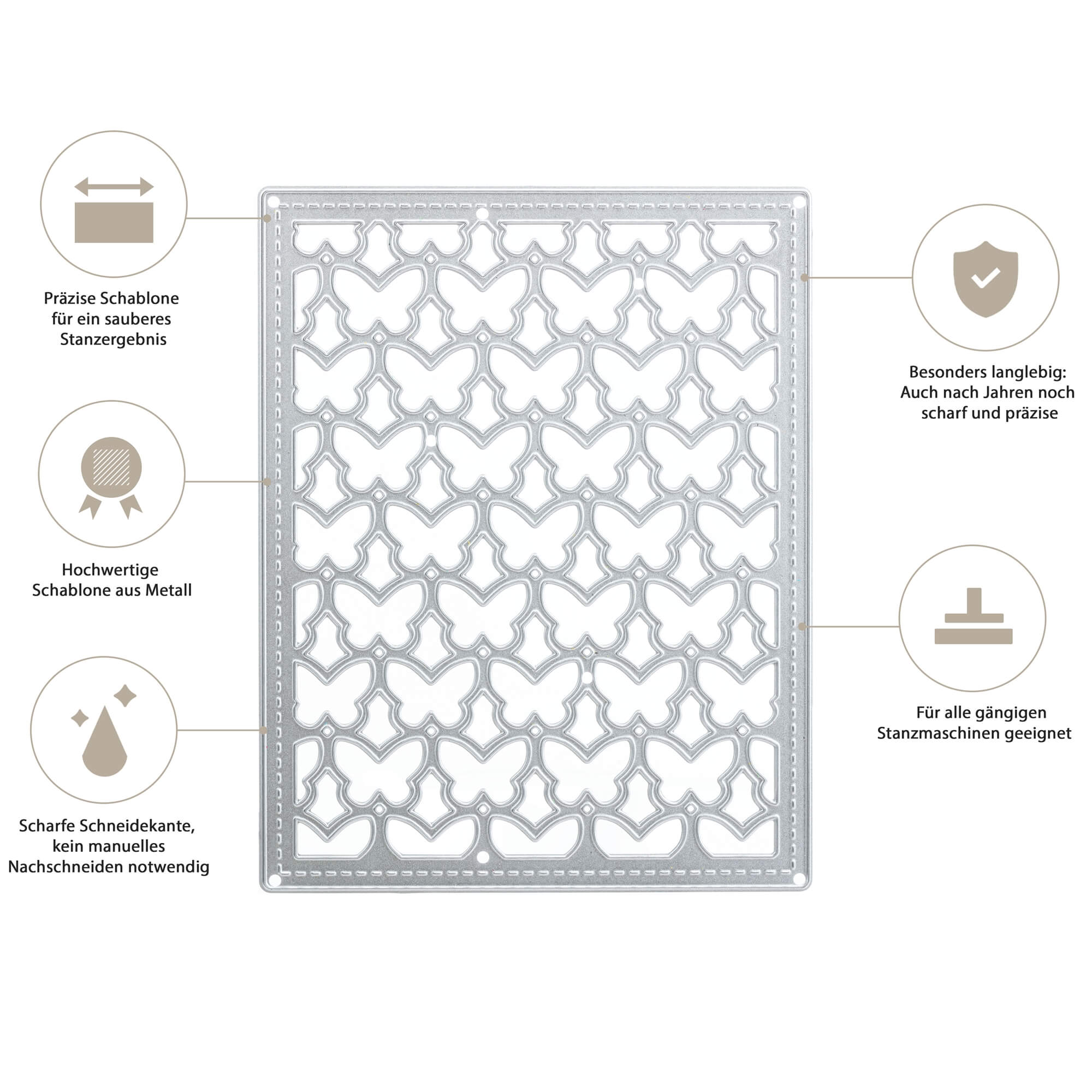 Die Stanzschablone: Kleine Schmetterlinge von Stanzenshop.de aus Metall überzeugt durch Präzision, Langlebigkeit und vielseitigen Einsatz für Bastelprojekte wie Scrapbooking sowie kompatible Stanzmaschinen.