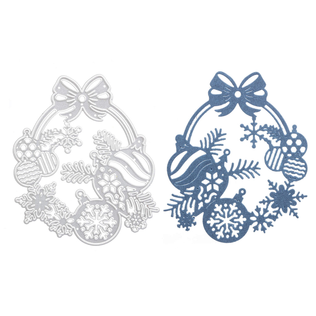 Ein Paar Stanzschablonen: Weihnachtskugelkranz mit Schneeflocken und Ornamenten.