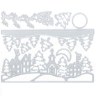 Die "Stanzschablone: Winterdorf mit Kirche" von Stanzenshop.de zeigt Häuser, Bäume, eine Kirche, den Mond und den Schlitten des Weihnachtsmanns - ideal für festliche Bastelprojekte.