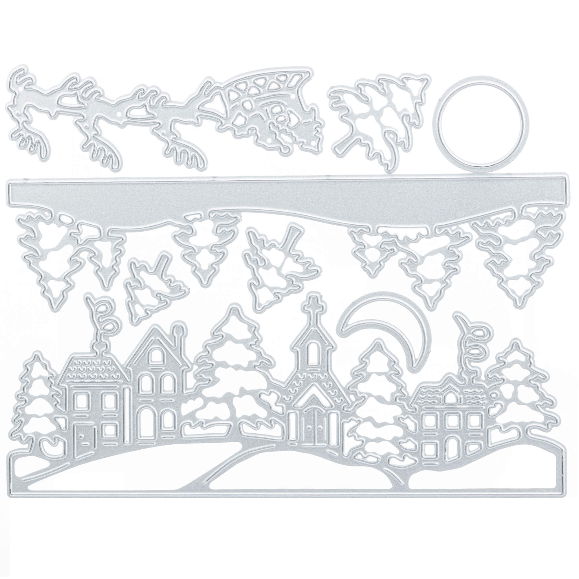 Die "Stanzschablone: Winterdorf mit Kirche" von Stanzenshop.de zeigt Häuser, Bäume, eine Kirche, den Mond und den Schlitten des Weihnachtsmanns - ideal für festliche Bastelprojekte.