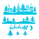 Blaue Silhouetten von Häusern, einer Kirche, Tannenbäumen, dem Schlitten des Weihnachtsmanns und einer Mondsichel versprühen winterlichen Charme, der an die Stanzschablone erinnert: Winterdorf mit Kirche von Stanzenshop.de, die in horizontalen Schichten auf weißem Hintergrund angeordnet ist.