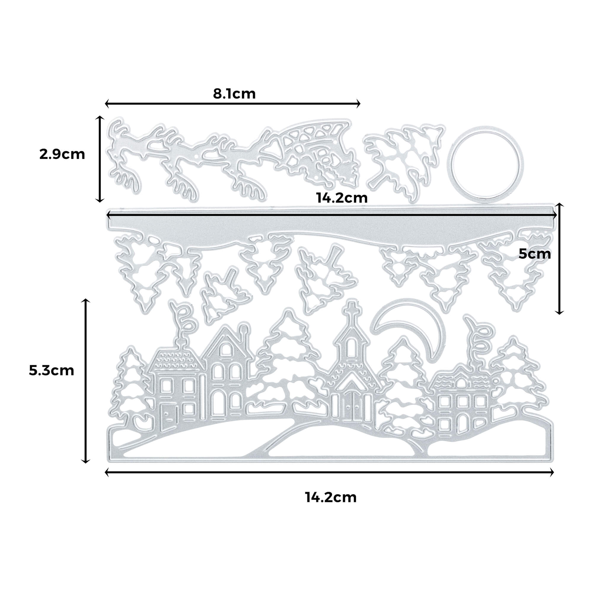 Die Stanzenshop.de Stanzschablone: Winterdorf mit Kirche ist eine silberne Stanzschablone mit Bäumen, Häusern und einer Kirche - ideal für Bastelprojekte. Die Maße sind in schwarzer Schrift angegeben.