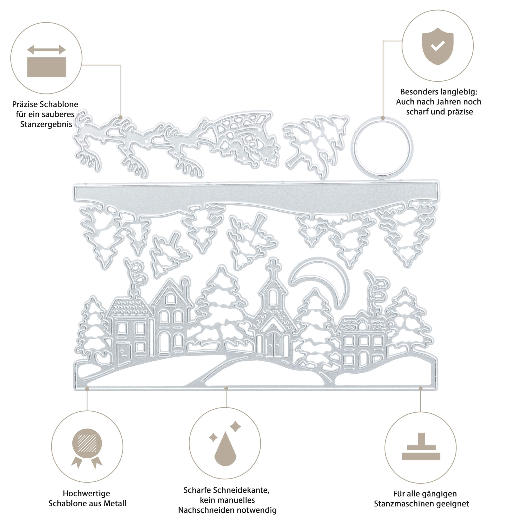 Die Stanzschablone: Winterdorf mit Kirche von Stanzenshop.de zeigt ein winterliches Dorf mit Kirche, Bäumen und Mond - ideal für kreative Bastelprojekte. Vier runde Icons unterstreichen Qualität und Kompatibilität auf Deutsch.