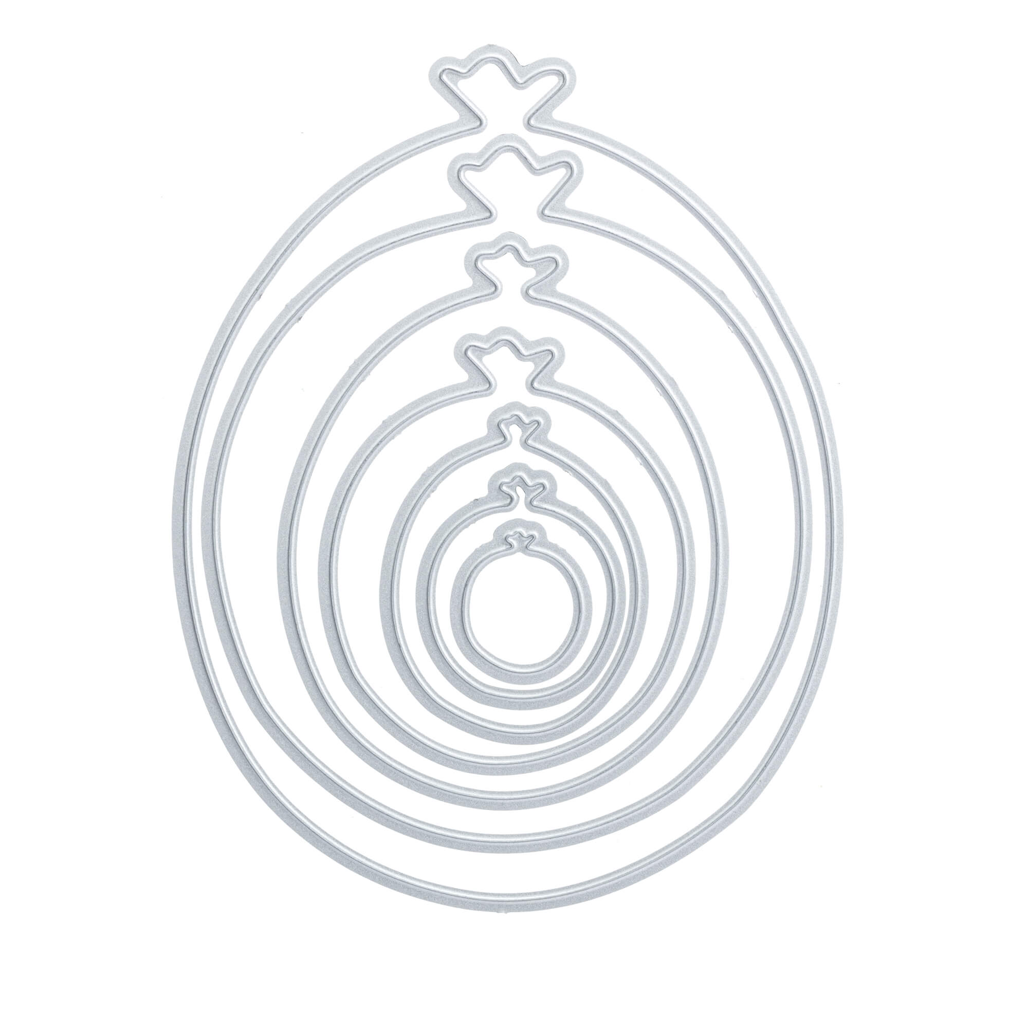 Sieben Stanzformen in Form von Metallballons von Stanzenshop.de, gestapelt vom größten zum kleinsten auf weißem Hintergrund - ideal zum Basteln von einzigartigen Ballons in verschiedenen Größen für Scrapbooking- oder Geburtstagskarten-Projekte.