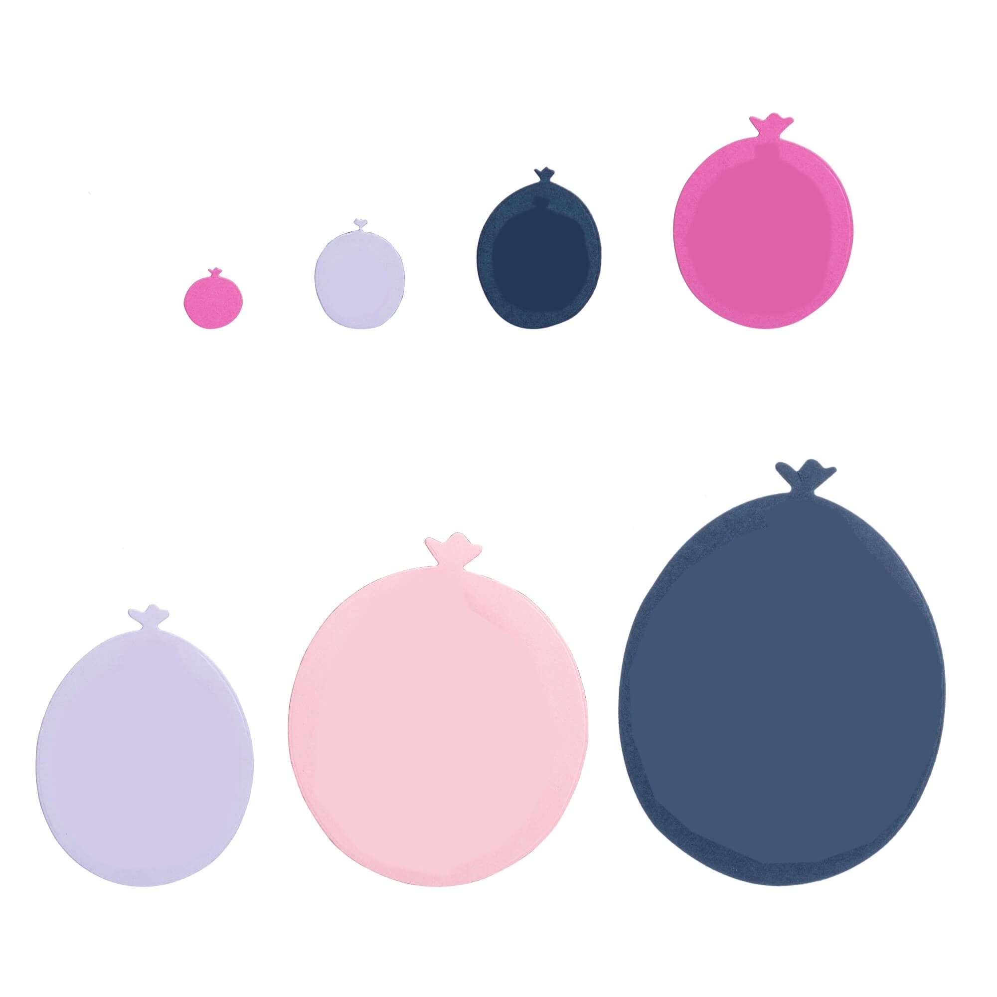 Sieben bunte Luftballons in verschiedenen Größen aus der "Stanzschablone" von Stanzenshop.de: Luftballons in 7 Größen" sind auf weißem Hintergrund angeordnet - perfekt für Geburtstagskarten, Scrapbooking oder mit passenden Stanzteilen für kreative Projekte.