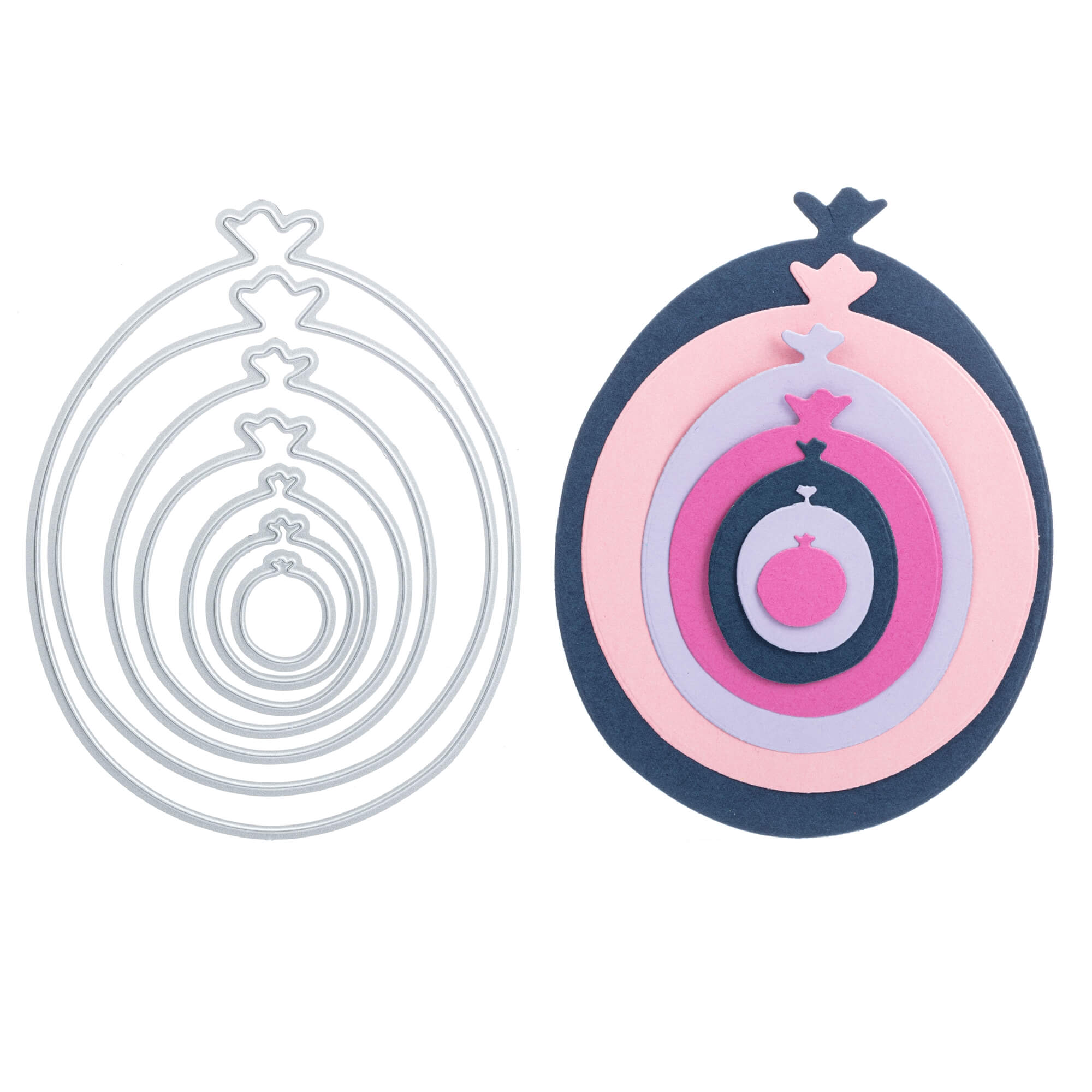 Auf der linken Seite ist die Stanzschablone: Luftballons in 7 Größen von Stanzenshop.de gezeigt; rechts sind bunte, damit ausgeschnittene Papierballons arrangiert - ideal für Scrapbooking oder zum Basteln einzigartiger Geburtstagskarten.