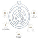 Sieben ballonförmige Metallstanzformen von Stanzenshop.de (Stanzschablone: Luftballons in 7 Größen) sind in der Mitte abgebildet, umgeben von Symbolen und deutschem Text, die ihre Qualität, Präzision, scharfen Kanten, Haltbarkeit und Maschinentauglichkeit hervorheben.