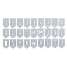 Die Stanzenshop.de Stanzschablone: Wimpelkette mit Buchstaben bietet metallisch gestanzte Schildformen von A bis Z (Großbuchstaben), ideal für individuelle Dekoration. Einige Buchstaben sind gespiegelt für einzigartige Designs.