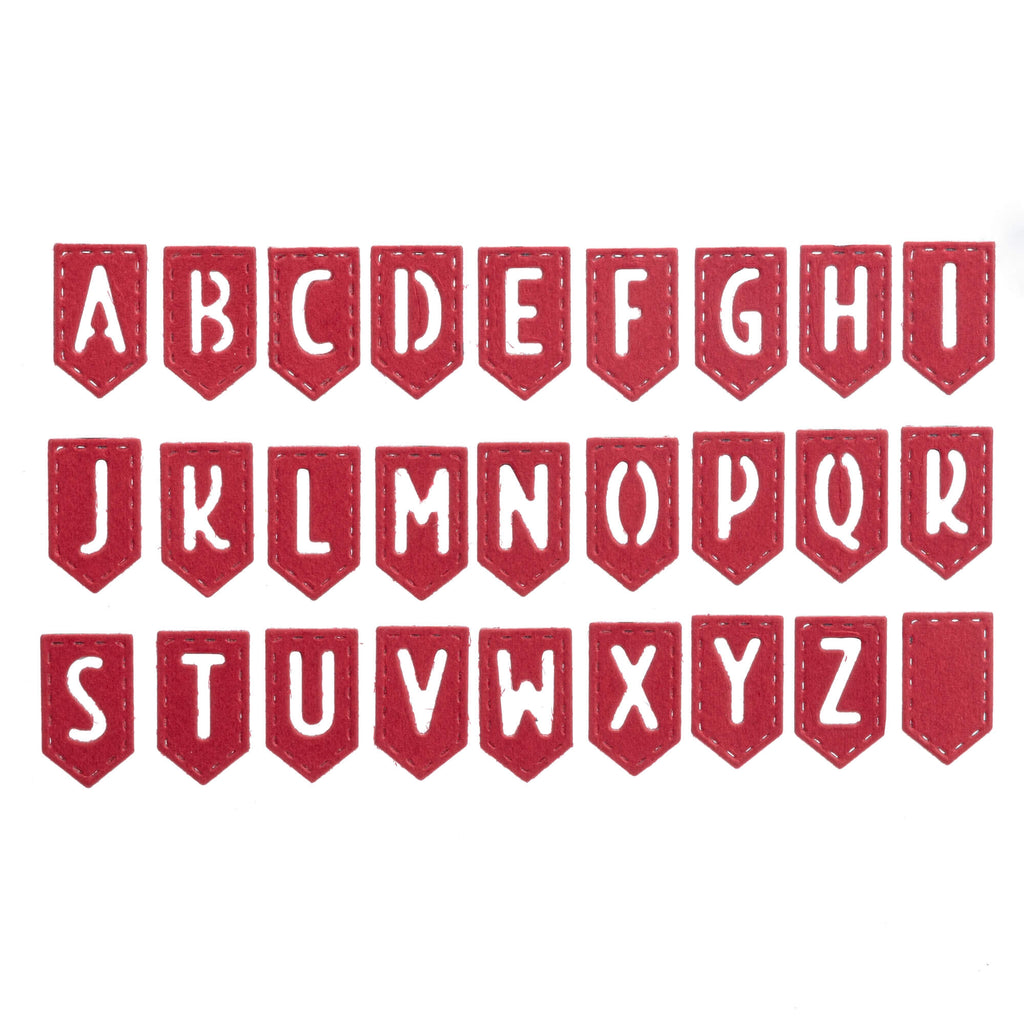 Ein Set roter Banner mit den Buchstaben a, b, c, d, e, f, g und Wimpelkette aus Stanzschablone: Wimpelkette mit Buchstaben von Stanzenshop.de.