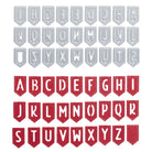 Die "Stanzschablone: Wimpelkette mit Buchstaben" von Stanzenshop.de stanzt Wimpel-Banner in Metall und rotem Filz aus. Jeder Wimpel zeigt einen Großbuchstaben A-Z in zwei Designs - ideal für individuelle Banner-Dekorationen.