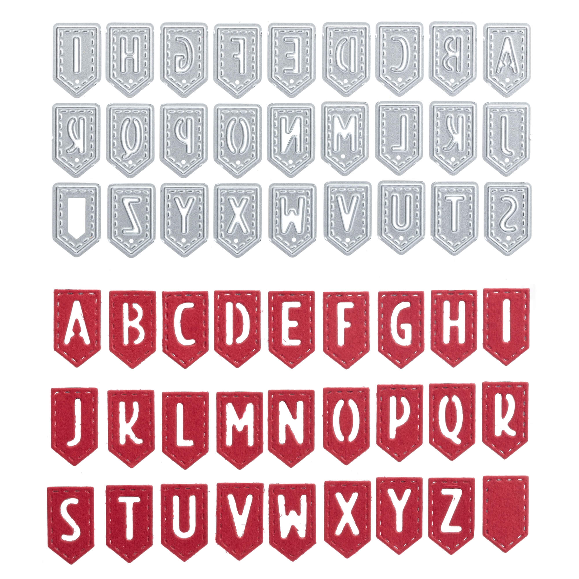 Die "Stanzschablone: Wimpelkette mit Buchstaben" von Stanzenshop.de stanzt Wimpel-Banner in Metall und rotem Filz aus. Jeder Wimpel zeigt einen Großbuchstaben A-Z in zwei Designs - ideal für individuelle Banner-Dekorationen.