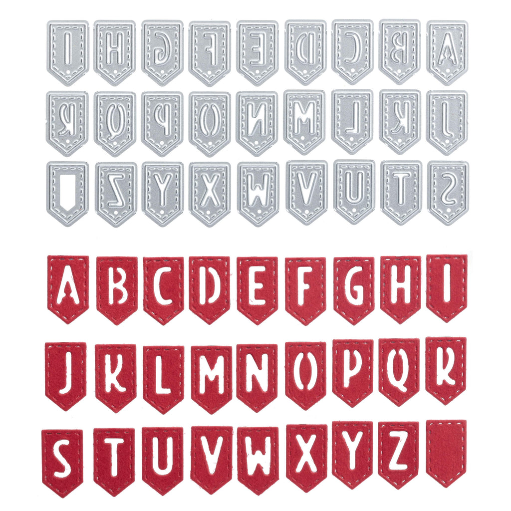 Ein Satz rot-weißer Alphabete, wie Stanzschablone: Wimpelkette mit Buchstaben von Stanzenshop.de, auf weißem Hintergrund.