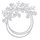 Die Stanzschablone: Ring mit Blumen von Stanzenshop.de ist ein silberner Metallstempel in Form eines runden Rahmens mit blühenden Blumen und Zweigen, ideal für filigrane Blumenmuster in Schmuck selber machen Projekten.