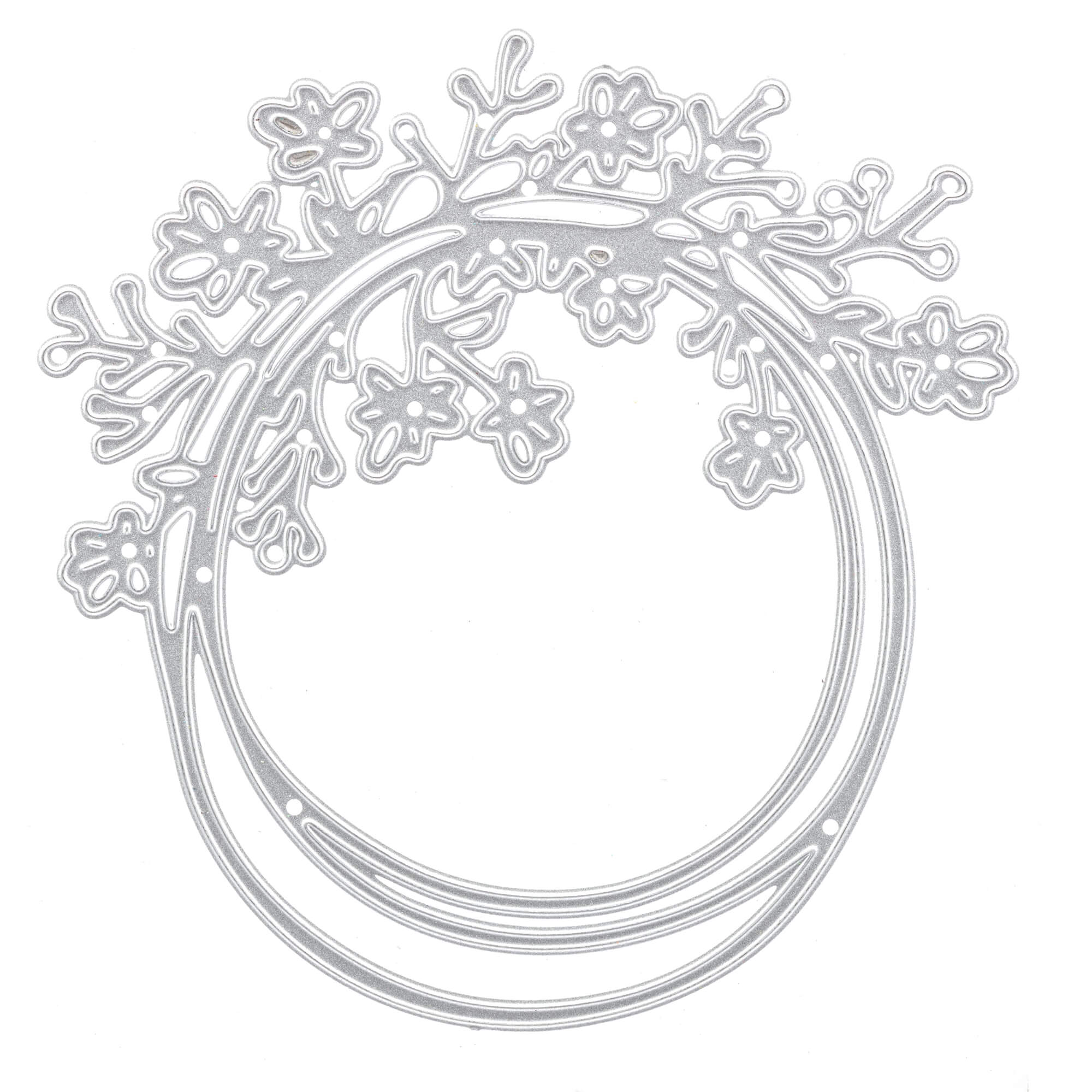 Die Stanzschablone: Ring mit Blumen von Stanzenshop.de ist ein silberner Metallstempel in Form eines runden Rahmens mit blühenden Blumen und Zweigen, ideal für filigrane Blumenmuster in Schmuck selber machen Projekten.