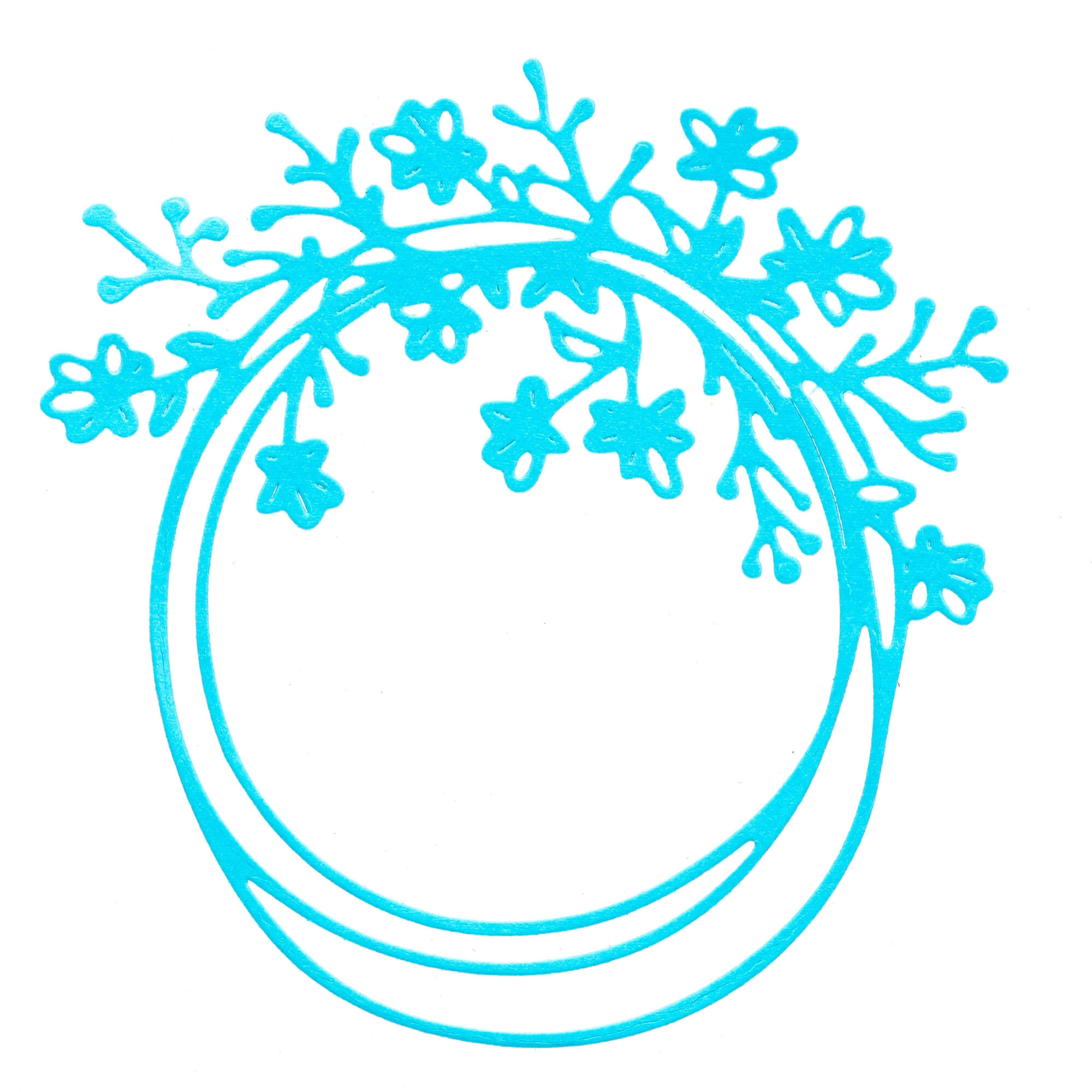 Einfache blaue Strichzeichnung eines kreisförmigen Rahmens mit filigranem Blumenmuster, mit stilisierten Zweigen und Blumen - ideal als Stanzschablone: Ring mit Blumen von Stanzenshop.de zum Basteln von Schmuck.