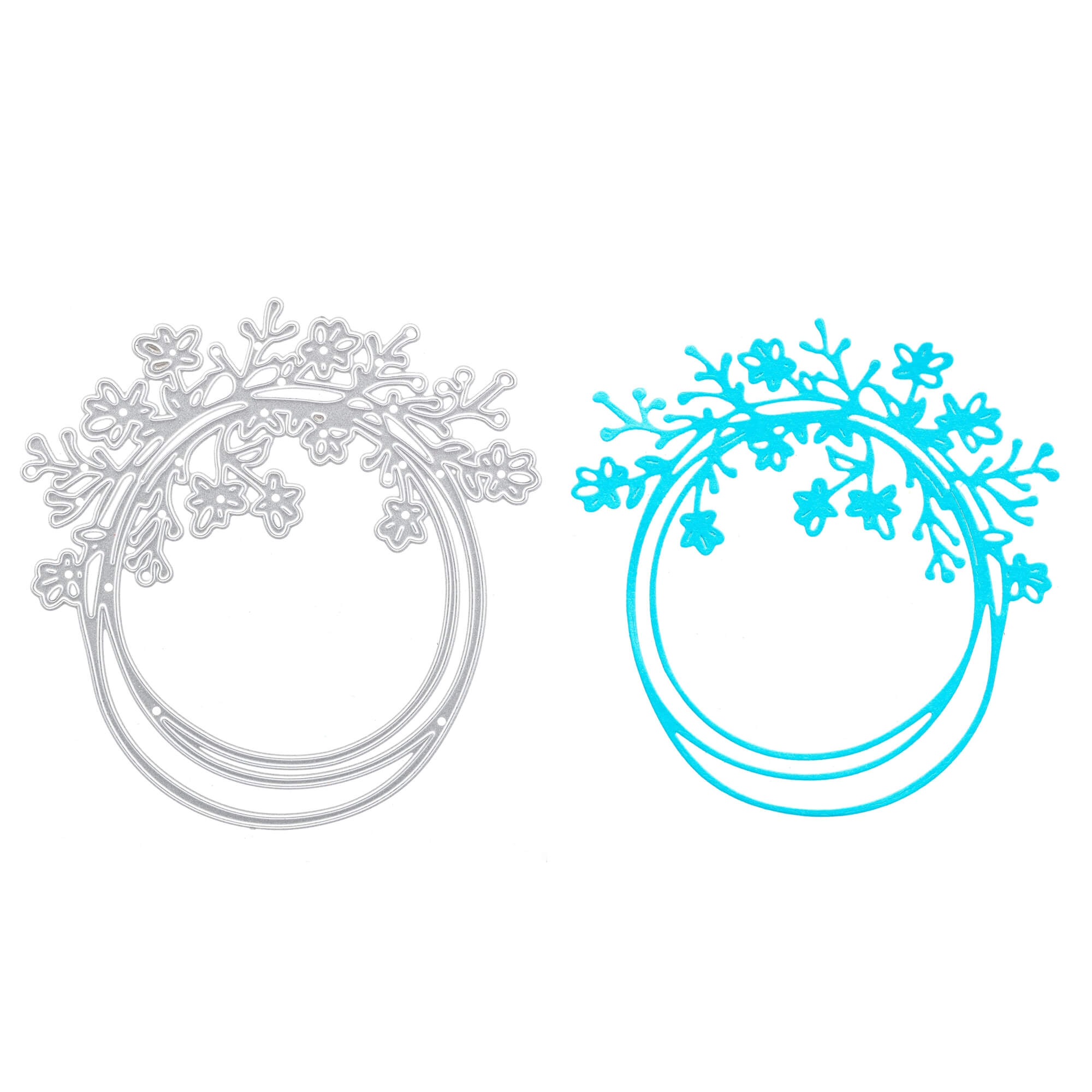Die Stanzschablone: Ring mit Blumen von Stanzenshop.de enthält zwei Metallstanzen mit floralen Zweigmotiven - eine silberne, eine blaue auf weiß - perfekt für filigrane Blumenmuster und DIY-Schmuck.